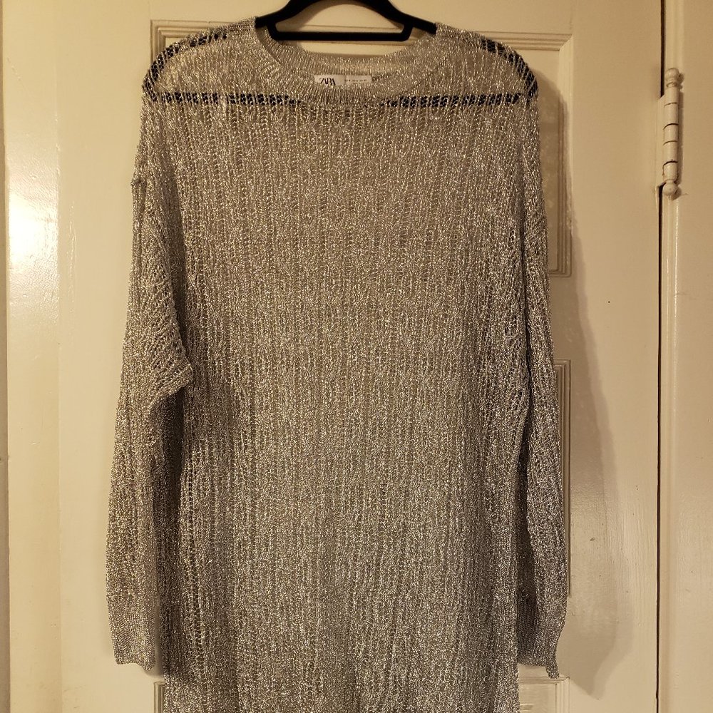Zara Oversized Lace Silver Metallic Boat Neck Tunic Sweater